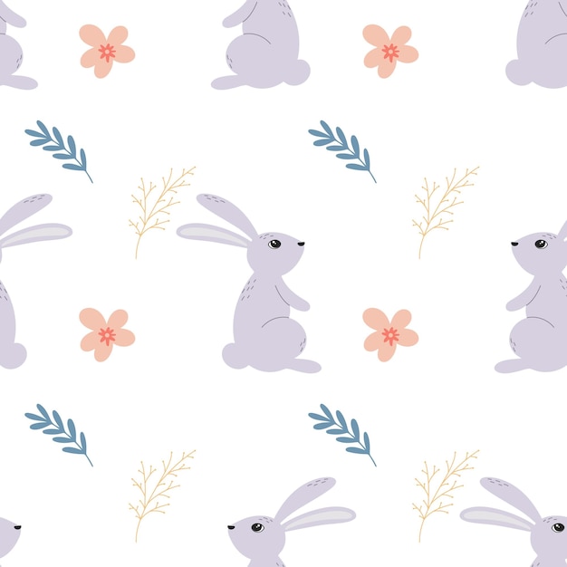 Hares in flowers and herbs cute seamless pattern baby background with bunnies in meadow print