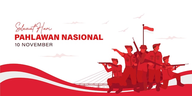 Hari Pahlawan Nasional dag vector illustratie banner achtergrond met soldaat oorlog voor vrijheid