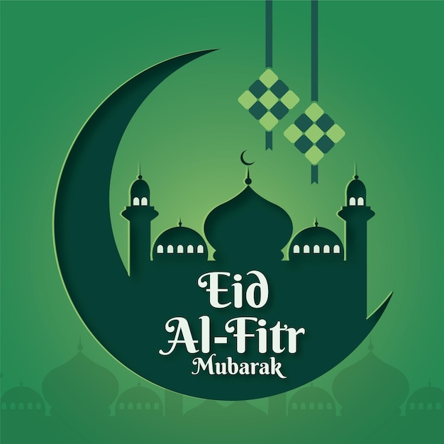 Hari raya aidilfitri or eid alfitr vector illustration with traditional malay mosque