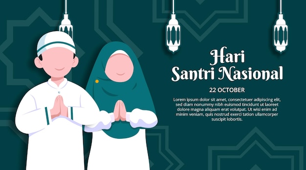 Hari santri nasional or Indonesian national Muslim student day with Islamic students and decoration
