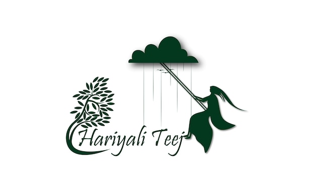 Hariyali Teej-festival India. Schommel op wolken, regen op witte achtergrond. papier gesneden stijl.