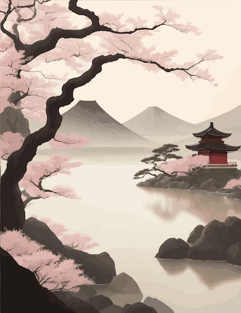 Вектор Гармоническая композиция япония стиль искусство пейзаж светлые цвета нет