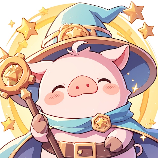 A harmonious pig magician cartoon style