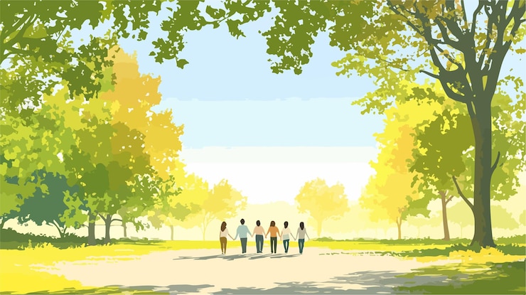 Vector 조화로운 연합 사람 들 은 공원 에서 손 을 잡고 연합 과 팀 작업 을 촉진 한다