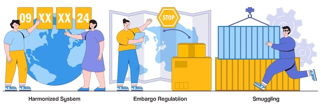 Vettore sistema armonizzato regolamento sull'embargo contrabbando con persone personaggi illustrazioni pack