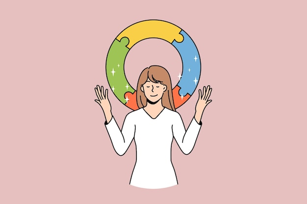 Harmony balance and personal integrity concept. smiling woman with eyes closed standing feeling balance with colorful circle at background vector illustration