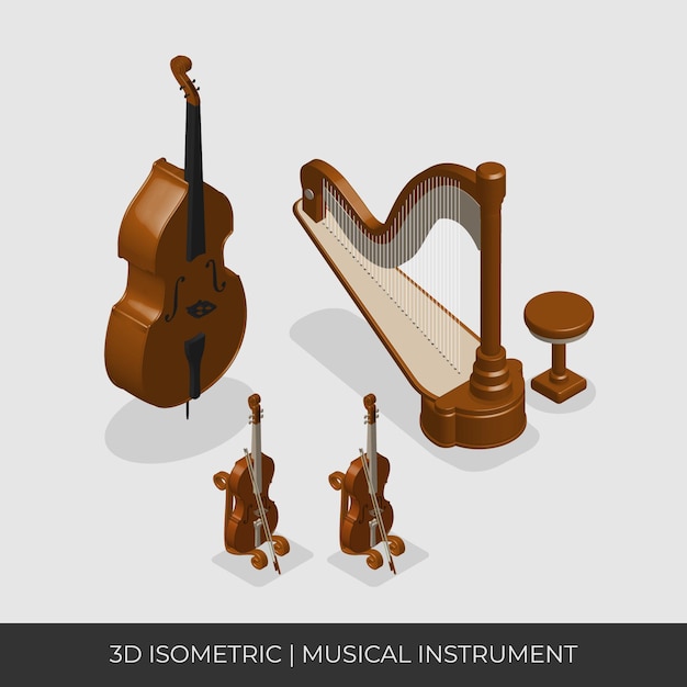 Vector harp, double bass and violin. isometric musical instruments set.