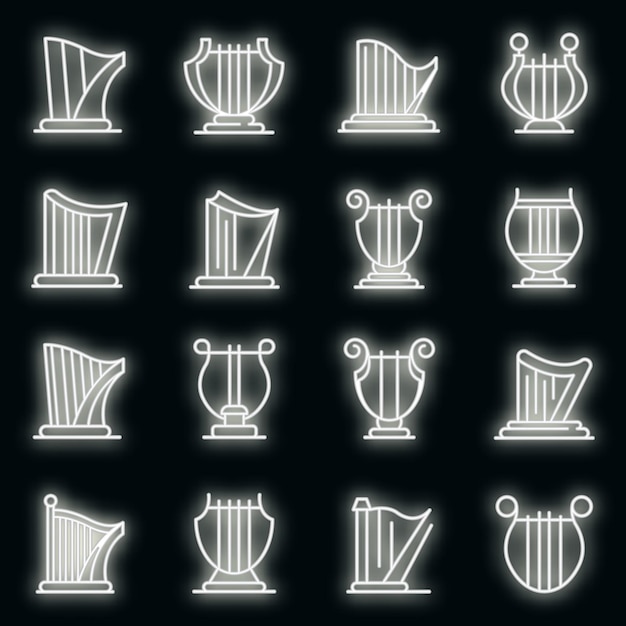 Harp icons set. outline set of harp vector icons neon color on black