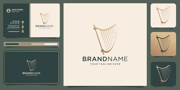 Harp logo design with business card template illustration premium vector