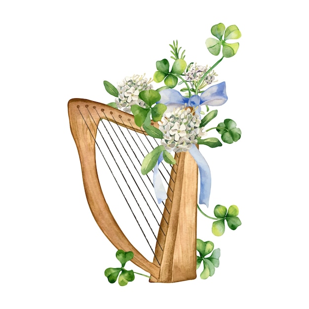 Vettore harpa e fiori primaverili illustrazione ad acquerello isolata su bianco trifoglio dipinto di verde strumento musicale e tè di labrador simbolo fortunato irlandese disegnato a mano disegno per il giorno di san patrizio cartolina di pasqua