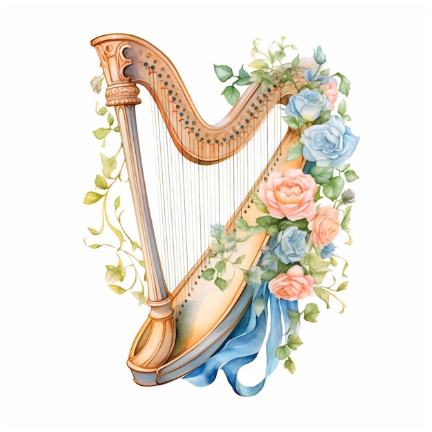 Harp with flowers watercolor paint