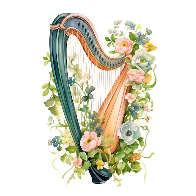 Harp with flowers watercolor paint