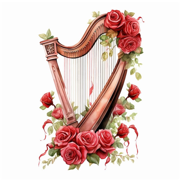 Harp with flowers watercolor paint