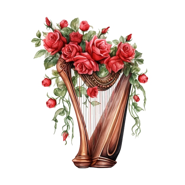 Harp with flowers watercolor paint