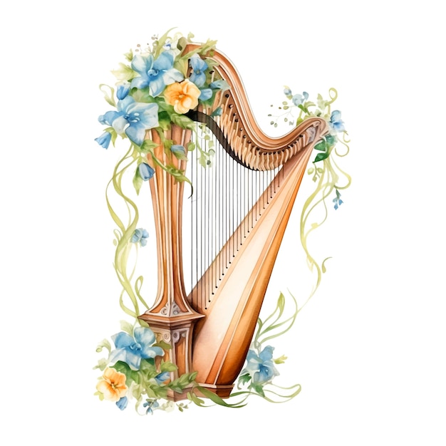 Harp with flowers watercolor paint