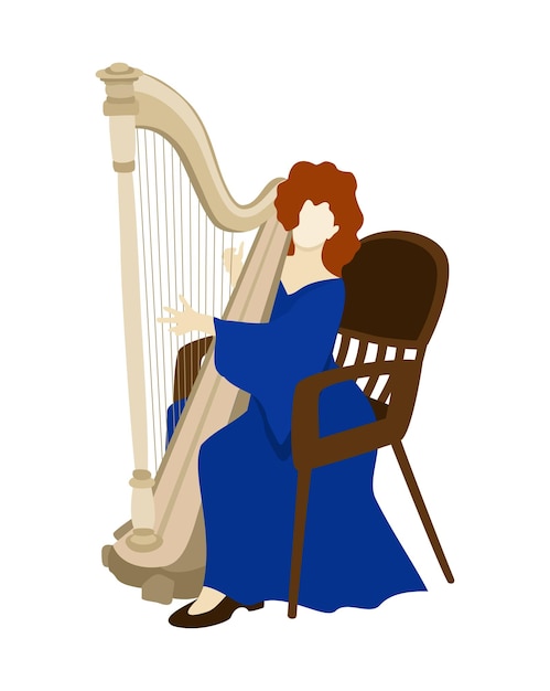 Vector harpist in bright long orange dress playing her instrument. vector isolated illustration.