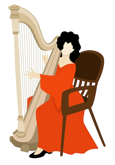 Vector harpist in bright long orange dress playing her instrument. vector isolated illustration.