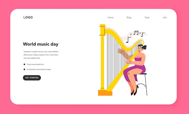 Harpist web banner or landing page Young female character in a beautiful