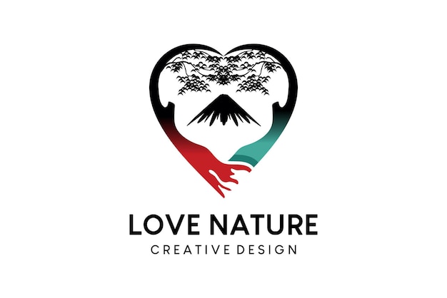 Hart boom logo ontwerp met bergen natuur liefde vectorillustratie