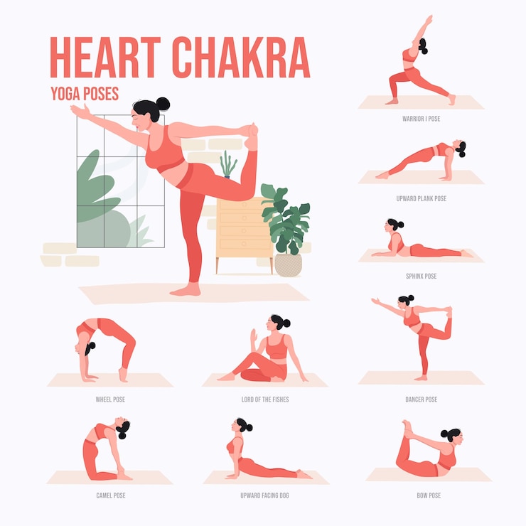 Vector hart chakra yoga poses vrouw die yoga beoefent