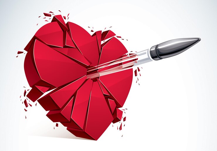 Vector hart gebroken met kogelgeweerschot, 3d-realistische vectorillustratie van hartsymbool dat aan stukken explodeert. creatief idee om liefde uit elkaar te halen, uit elkaar te gaan.