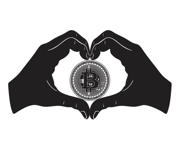 hart handen met bitcoin handgemaakte silhouet logo