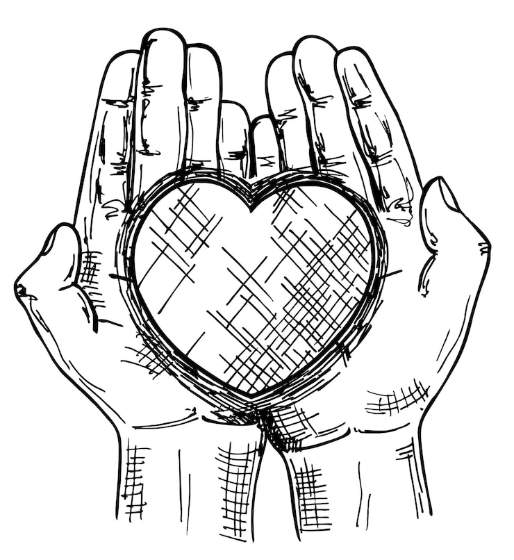 Vector hart in de handpalmen van een man concept van liefde liefdadigheid filantropie en donatie met de hand getekende schets