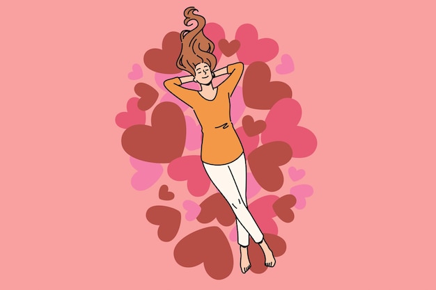 Hart, liefde en positieve emoties concept. Jonge lachende vrouw stripfiguur liegen genieten van warme gevoelens over hoop harten vectorillustratie