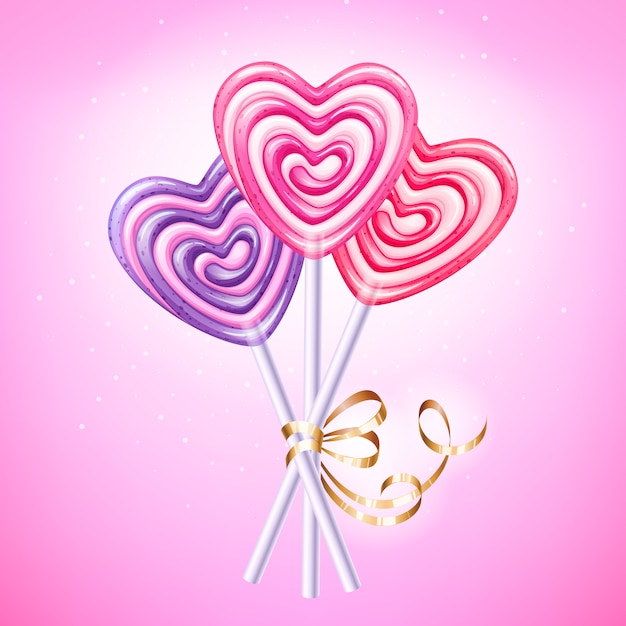 Hart lollipop vectorillustratie. zoet spiraalvormig suikergoed op stok met gouden lint en boog. liefdes symbool.