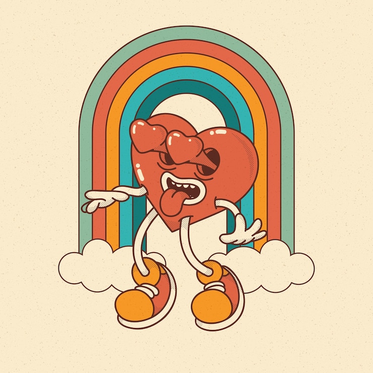 Vector hart mascotte in retro groovy stijl valentijnsdag vintage hart personage regenboog wolken pijl