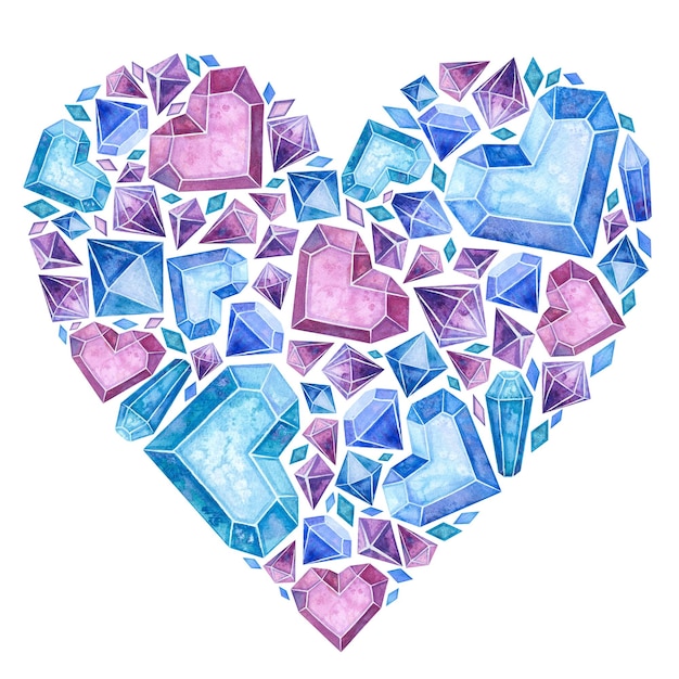 Hart met blauwe en roze ijskristallen edelstenen Sieraden aquarel hand getekende illustratie Clipa