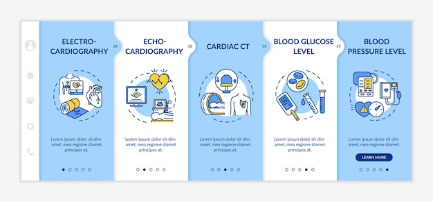 Hart screening onboarding vector sjabloon. diagnostiek van hart- en vaatziekten. medisch onderzoek. responsieve mobiele website met pictogrammen. stapschermen voor het doorlopen van webpagina's. rgb-kleurconcept