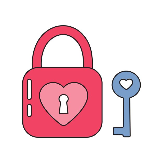 Vector hart slot en sleutelgat met sleutel groovy retro stijl open je hart romantisch concept symbool van liefde voor valentijnsdag