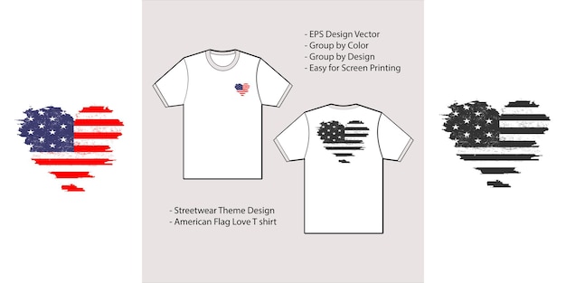 Vector hart van amerika vlag grunge stijl t shirt ontwerp vorm liefde usa abstracte logo vector sjabloon