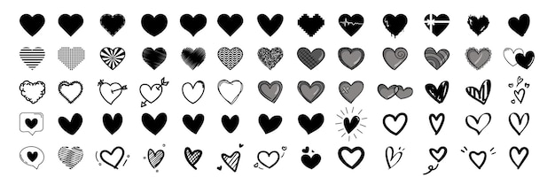 Hart vector iconen Set van liefde symbolen geïsoleerd Zwart hart hand getekend Vector illustratie