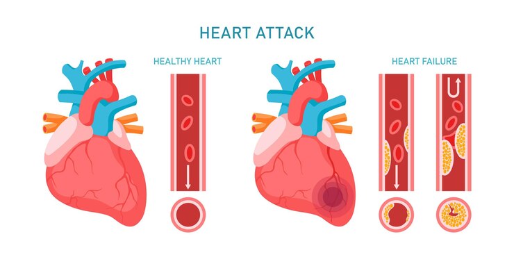 Hartaanval en cardiovasculaire ziekten infographic. Gezonde en falende harten, symptomen van atherosclerose en diagnose. Platte vectorillustratie. Ontwerp voor geneeskunde, behandeling, gezondheidszorgconcept