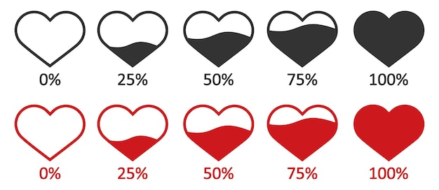 Harten en nummer procent pictogram Zwart en rood niveau liefde illustratie symbool valentijn spellen vector