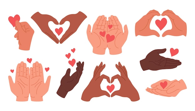 Vector harten in verschillende menselijke handen valentijnsdag set liefde zorg tederheid sympathie liefdadigheid