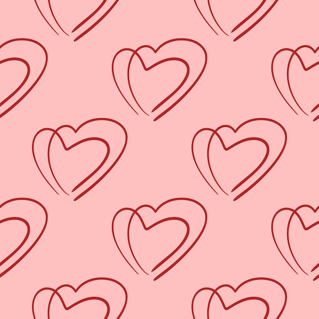 Harten lijn kunst naadloze vector patroon achtergrond met rode harten hand getrokken