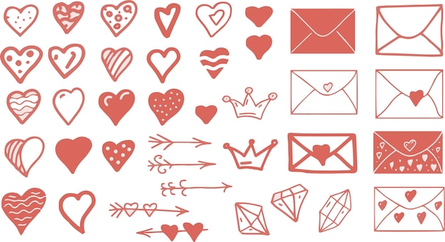 Vector harten pijlen brieven enveloppen valentijnsdag schets doodle stickers vakantie handgetekende afbeelding