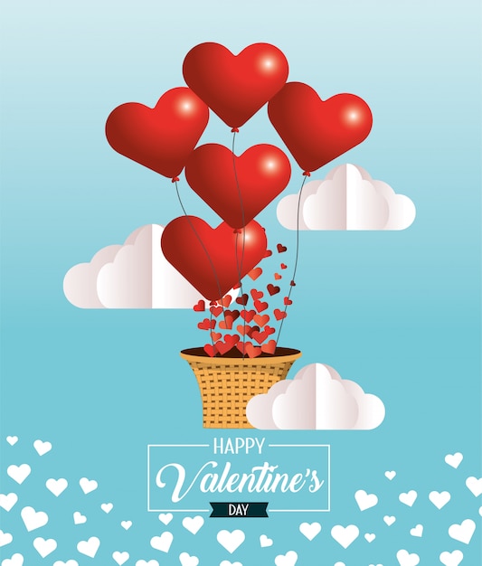 Vector hartenballons met mand om valentijnskaartdag te vieren