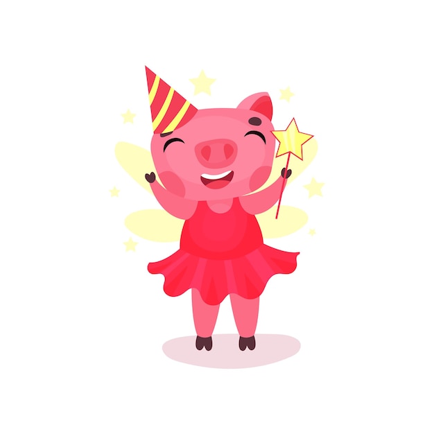 Hartje karakter in een roze jurk en feestmuts permanent met toverstaf grappige cartoon piggy dierlijke vector illustratie op een witte background