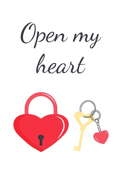Vector hartslot en gouden sleutel met hartvormige sleutelhanger open mijn hartcitaat wenskaart of poster