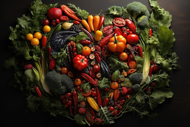 Vector hartsymbool groenten dieetconcept voedselfotografie van hart gemaakt van verschillende groenten
