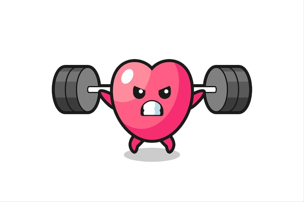 Hartsymbool mascotte cartoon met een barbell, schattig stijlontwerp voor t-shirt, sticker, logo-element