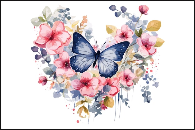 Hartvorm door bloemige aquarel vlinder liefde bloeiende romantiek kleurrijke bloemige verrassingen grillig