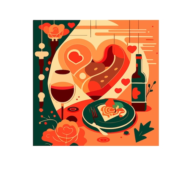 Vector hartvorm, valentijnsdag, 14 februari, wijn, pasta, vector, illustrator