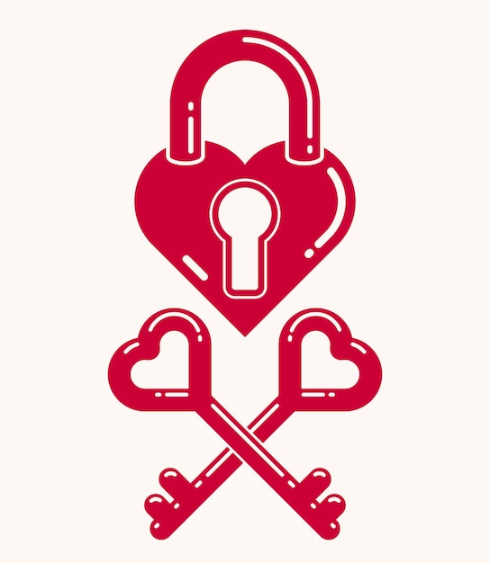 Hartvormig hangslot vector logo of pictogram, slot en kant-en-klaar liefdesthema in een vorm van hart open of gesloten emoties, geheime gevoelens concept, Valentijn thema.