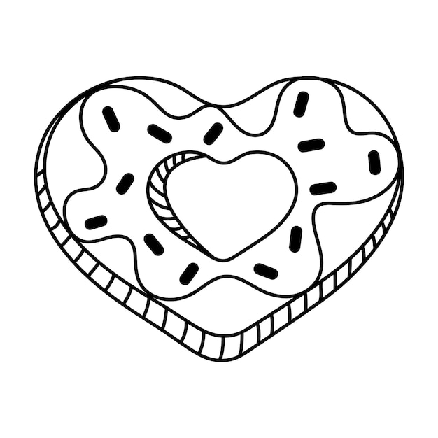 Hartvormige donut in doodle stijl Zwart-wit vectorillustratie voor het kleuren van book