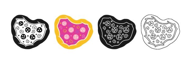 Vector hartvormige pizza cartoon symbool doodle gestileerde set grappige romantische lunch ontwerp teken lineaire vector